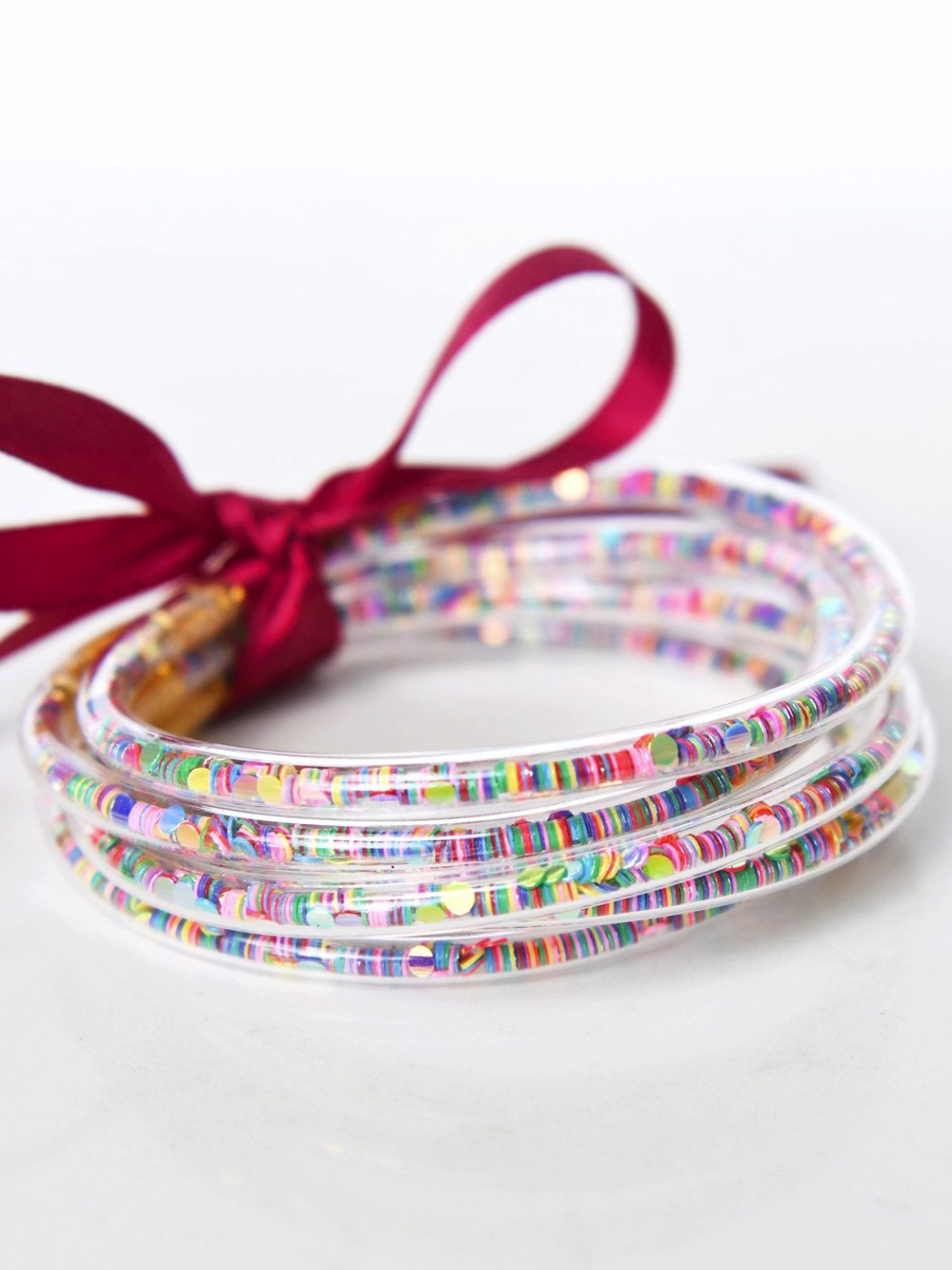 Burgundy Bow Multicolor Confetti Sequin Tube Bangles Stack